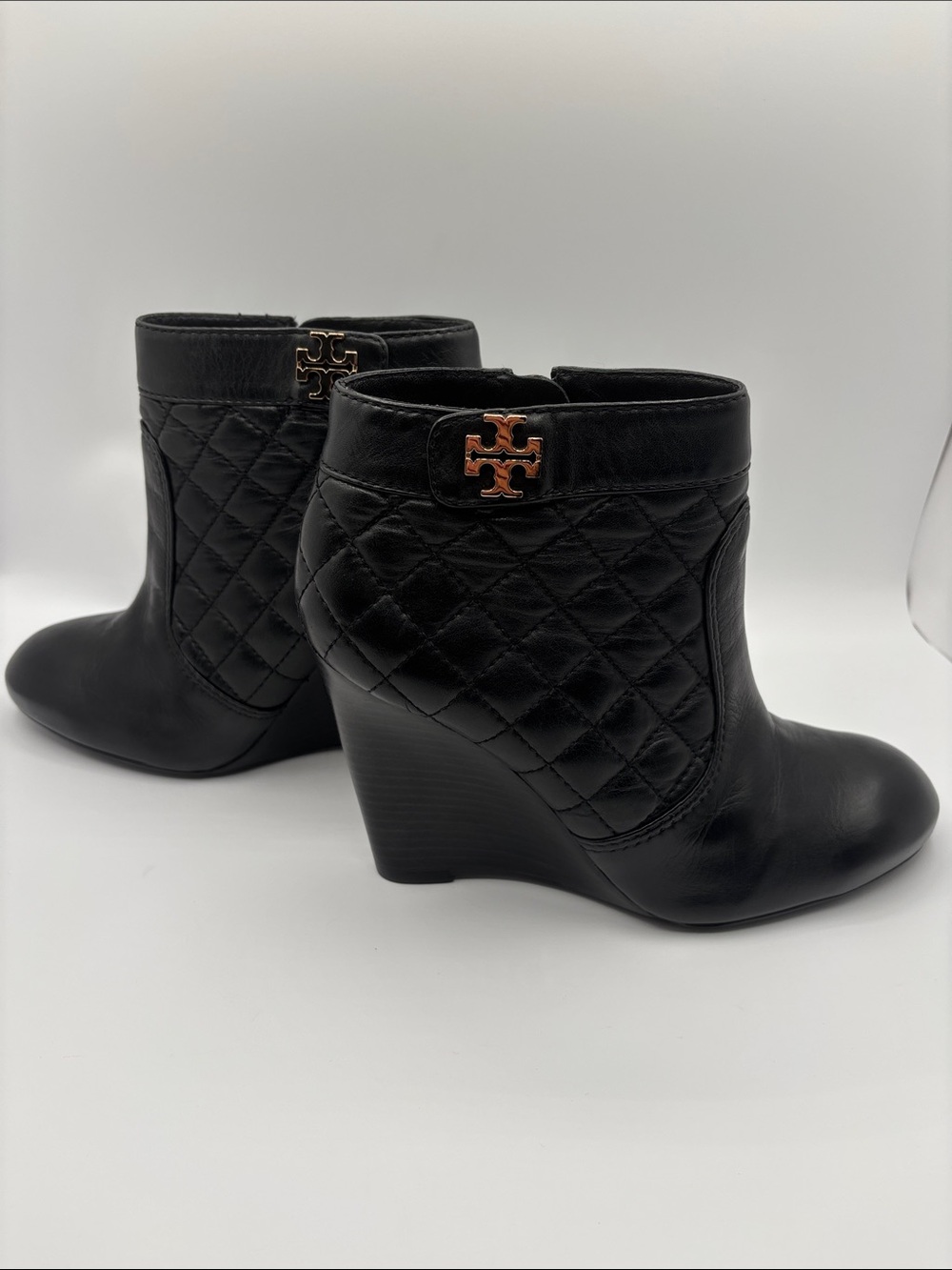 Tory Burch Black Quilted Leather Wedge Booties with Gold Logo